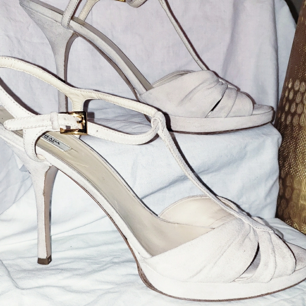 Prada seude blush pink t-strap heel sandal